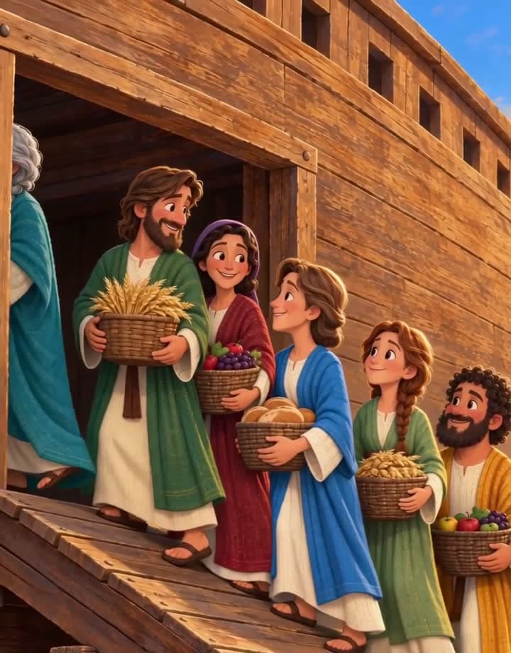Noah's family carrying baskets of food up the ramp into the ark